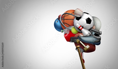Fototapeta Naklejka Na Ścianę i Meble -  Thinking sports and sport brain psychology concept as a group of exercise equipment shaped as a human organ for psychological mental health as exercising to improve cognitive fitness