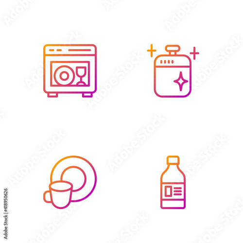 Set line Bottle for cleaning agent, Washing dishes, Dishwasher machine and Clean cooking pot. Gradient color icons. Vector.