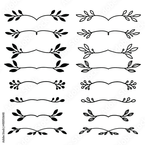 Set of hand drawn floral elements isolated on white background. Outline and silhouette branches for books, greeting cards, invitations, web. Doodle style.