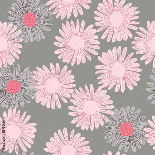 Nature seamless pattern in pale pink and grey tones with daisy flowers bud elements. Random floral print.