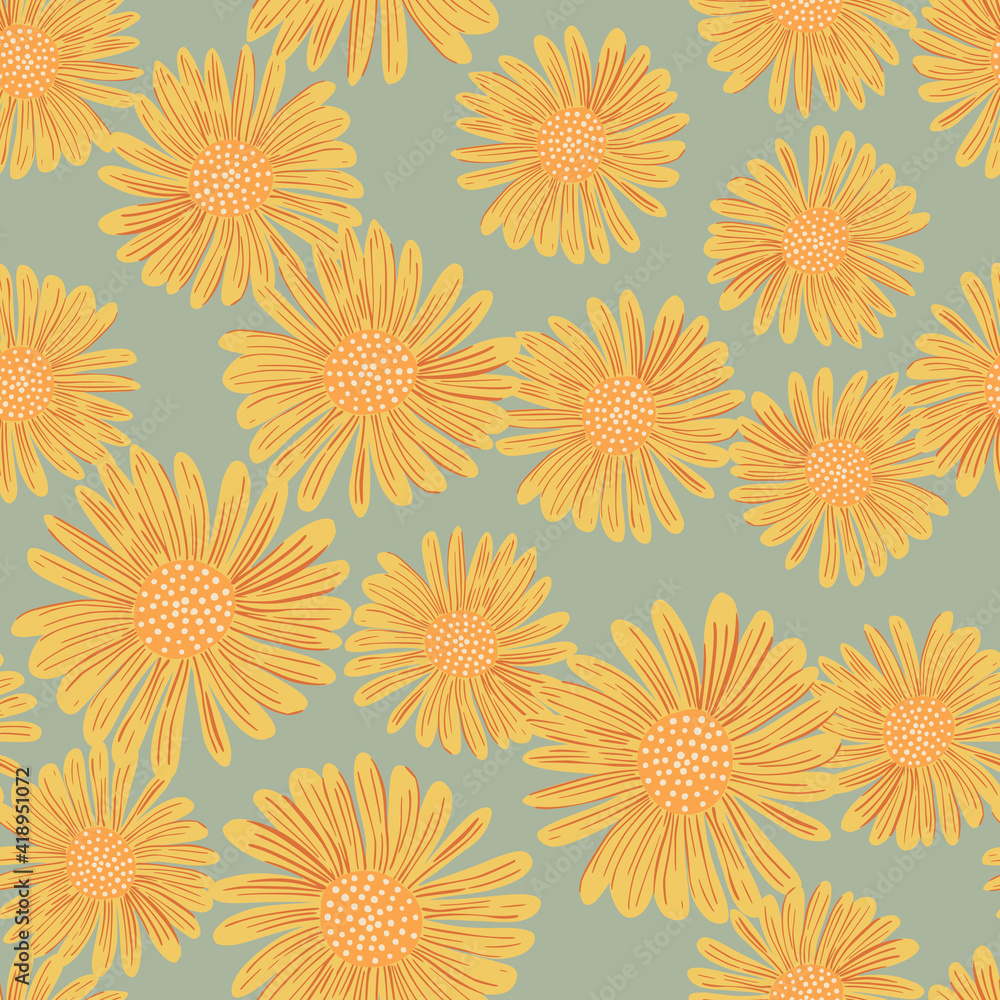 Random seamless pattern with daisy bloom yellow ornament. Blue pastel background. Summer print. Random seamless pattern with daisy bloom yellow ornament. Blue pastel background. Summer print.