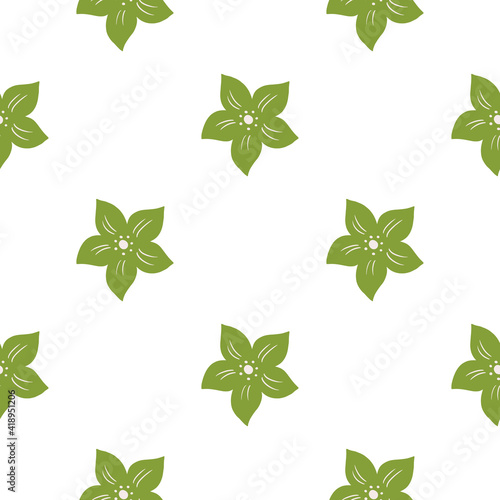 Isolated tropic flowers silhouettes seamless pattern in doodle style. Green ornament on white background.
