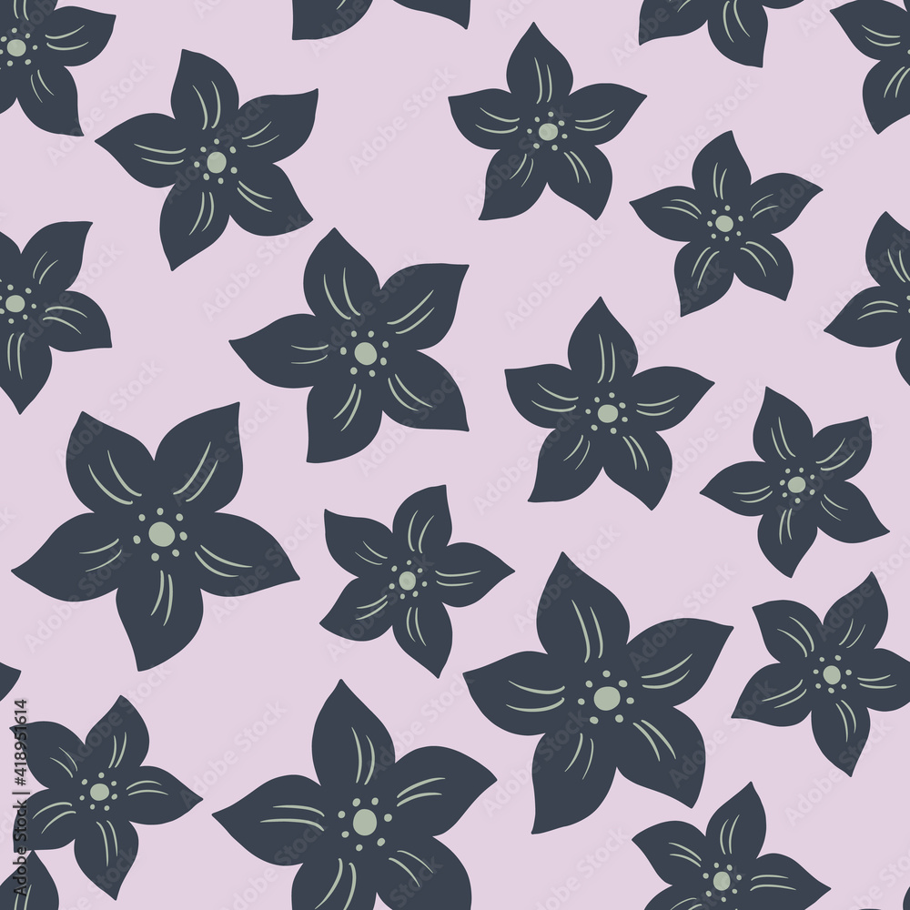 Random seamless pattern with doodle navy blue tropic flowers silhouettes. Grey background. Simple style. Random seamless pattern with doodle navy blue tropic flowers silhouettes. Grey background. Simple style.