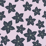 Random seamless pattern with doodle navy blue tropic flowers silhouettes. Grey background. Simple style.