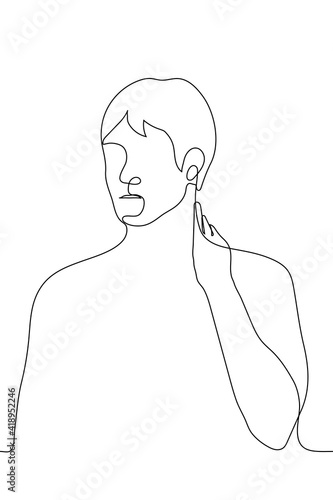 man is rubbing his neck on the back of his head - one line drawing. osteochondrosis concept, embarrassment, indecision, reflection,