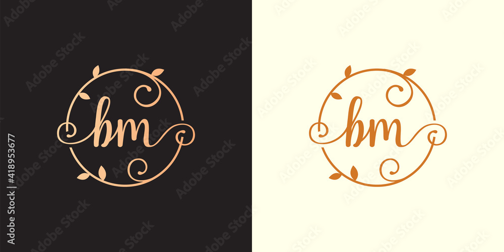 Obraz premium Decorative, luxury Letter BM initial, Classy Monogram logo inside a circular stalk, stem, nest, root with leaves elements. Letter BM flower bouquet wedding logo