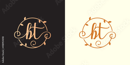 Decorative, luxury Letter BT initial, Classy Monogram logo inside a circular stalk, stem, nest, root with leaves elements. Letter BT flower bouquet wedding logo