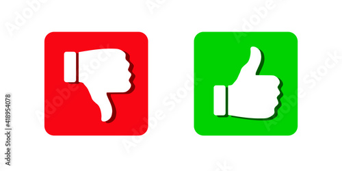 Лайк и дизлайк. Знак голосования в квадрате. Большой палец вверх и вниз. Красный и зеленый квадрат. Веб кнопки.