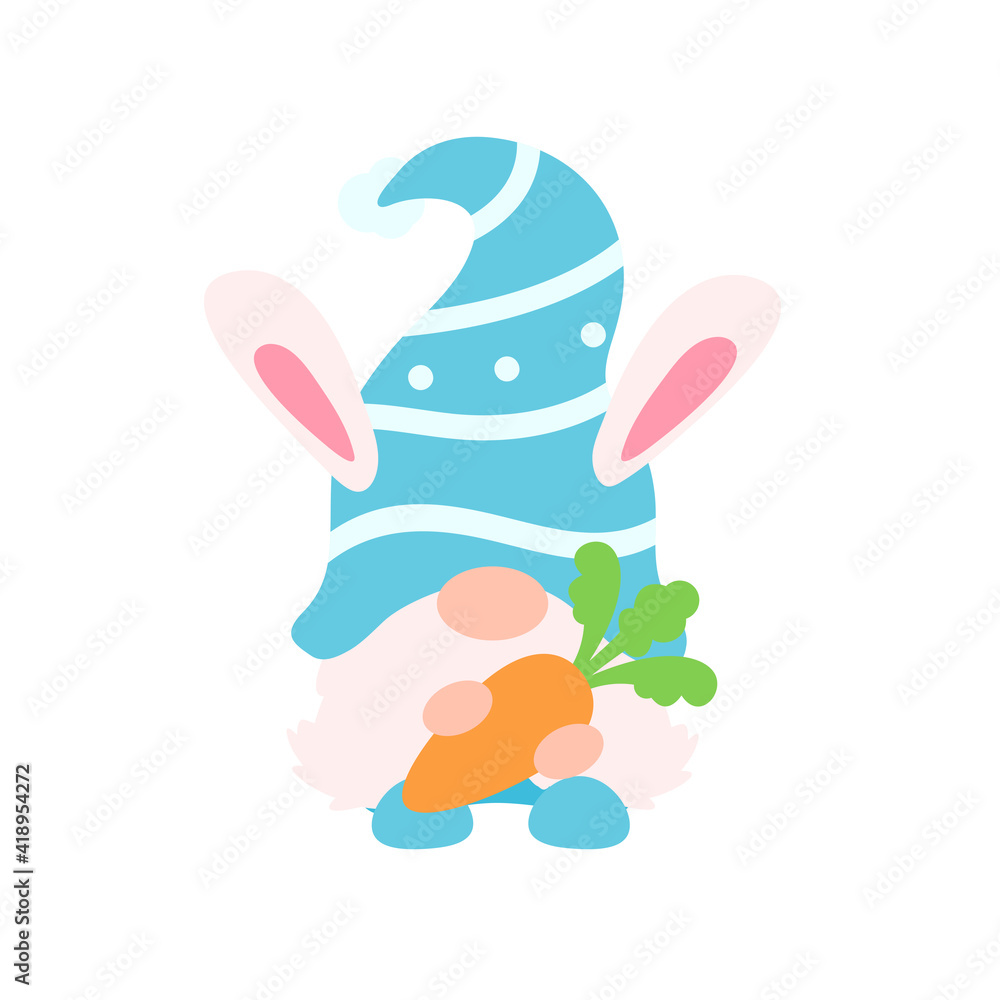 Cute gnomes wearing bunny ears hold carrots and colorful eggs in Easter. Isolated on background Cute gnomes wearing bunny ears hold carrots and colorful eggs in Easter. Isolated on background