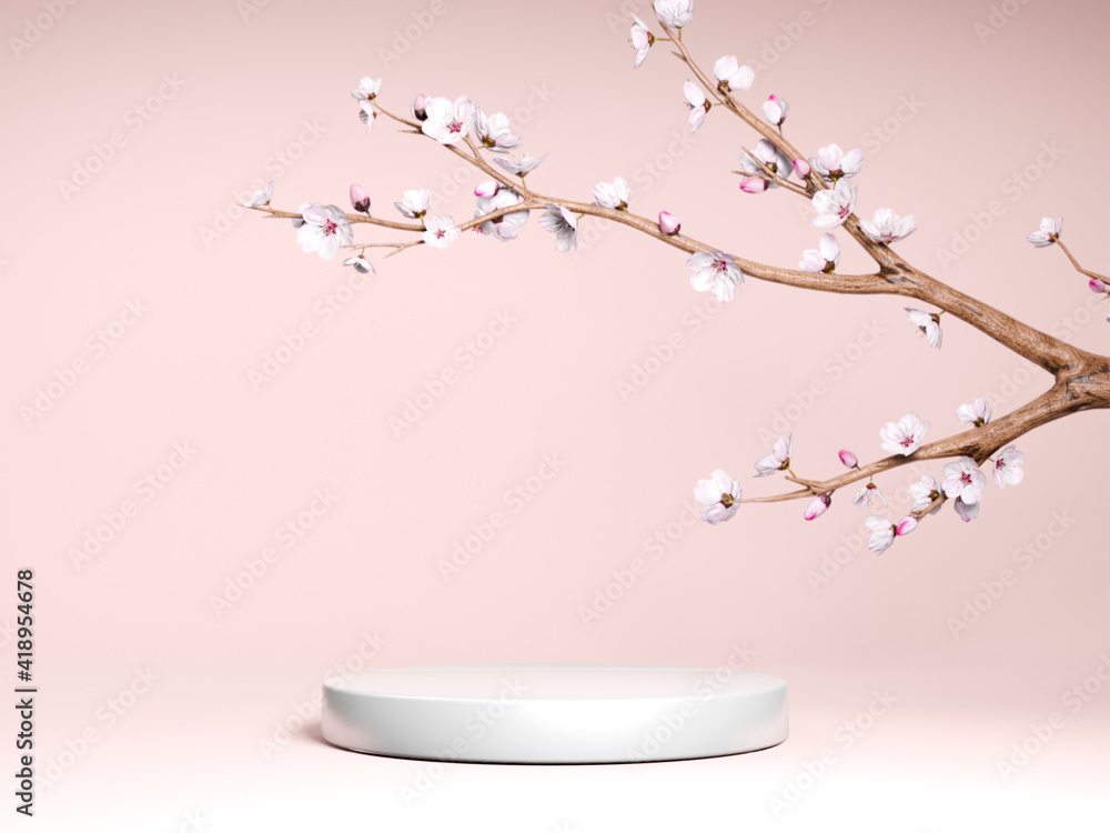 White stone podium, Cosmetic display stand with blossom flowers on pink background. 3D rendering