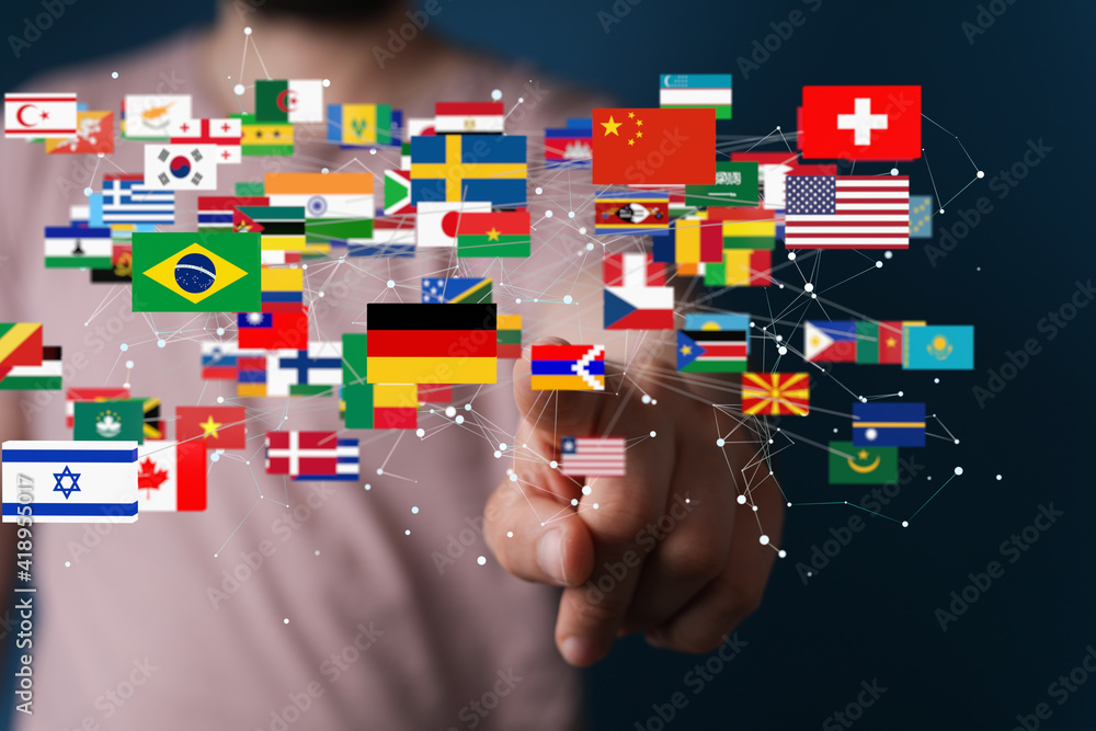 Global communication and international messaging concept, national flags of world Global communication and international messaging concept, national flags of world