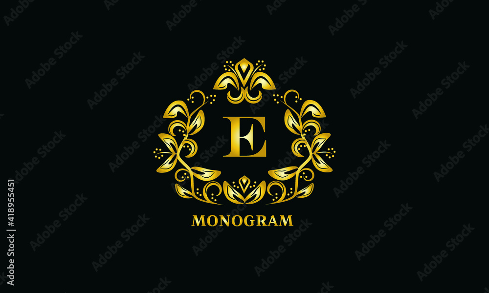Stylish design for invitations, menus, labels. Elegant gold monogram on a black background with the letter E. The logo is identical for a restaurant, hotel, heraldry, jewelry. Stylish design for invitations, menus, labels. Elegant gold monogram on a black background with the letter E. The logo is identical for a restaurant, hotel, heraldry, jewelry.