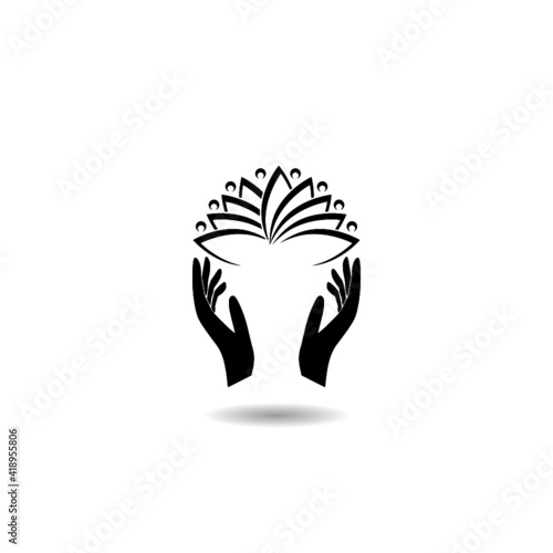Lotus flower in hands icon with shadow