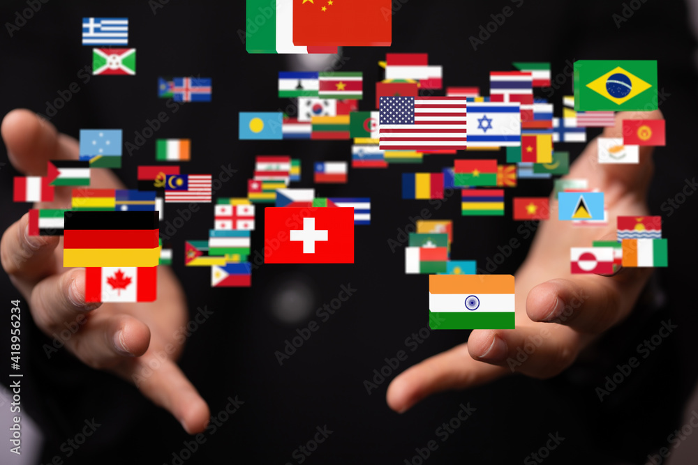 Global communication and international messaging concept, national flags of world Global communication and international messaging concept, national flags of world