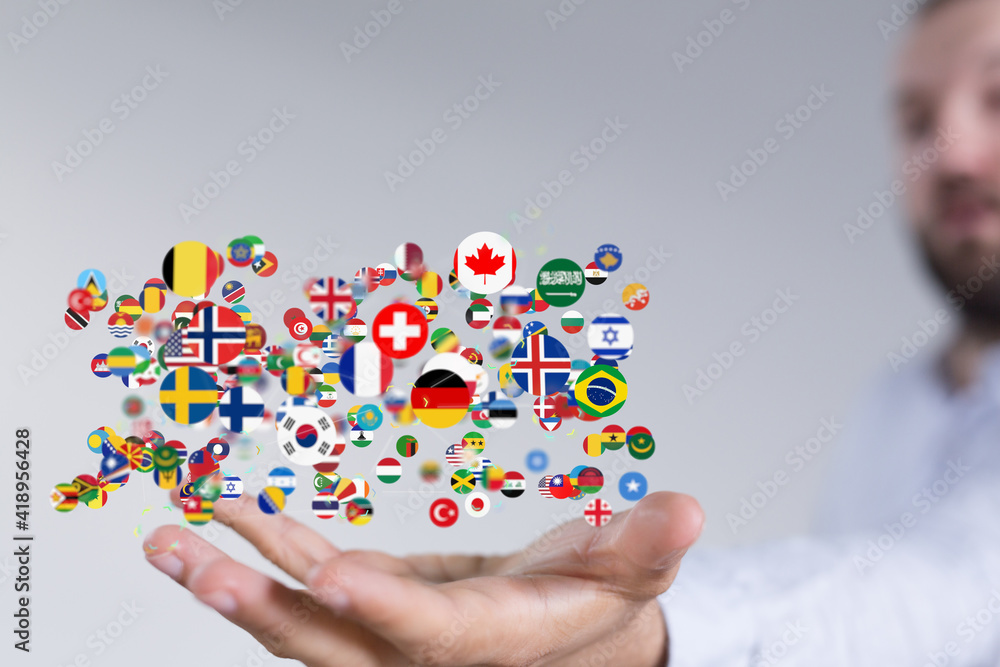 Global communication and international messaging concept, national flags of world Global communication and international messaging concept, national flags of world