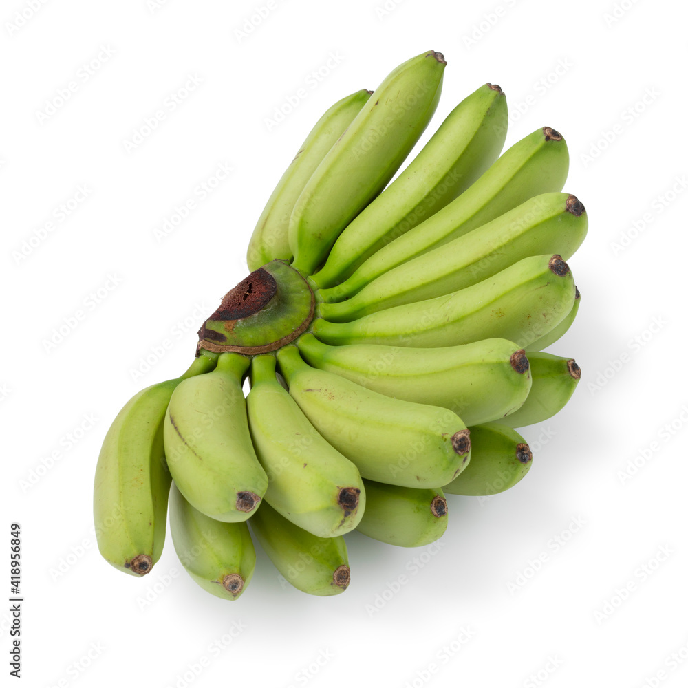  Bunch of green mini bananas on white background