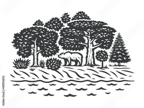 Vector illustration of a landscape. Monochrome version.