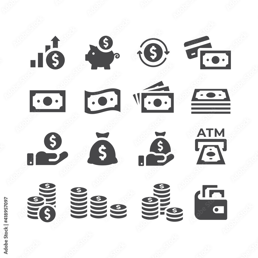 Fototapeta premium Money or financial vector icon set. Dollar coin, money stack, wallet, banknote finance symbols.