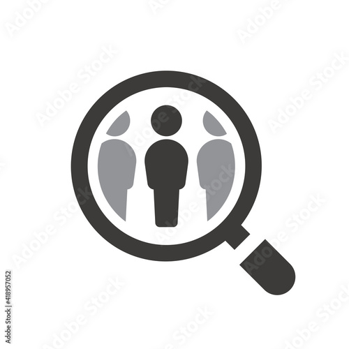Employee recruitment symbol with loupe. Magnifying glass with people search vector icon.