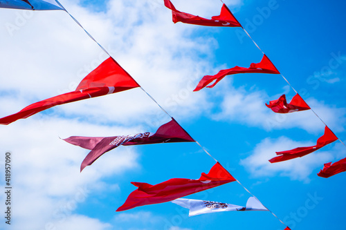 Flags of Turkey are hung over the streets of Istanbul. Political elections in Turkey photo