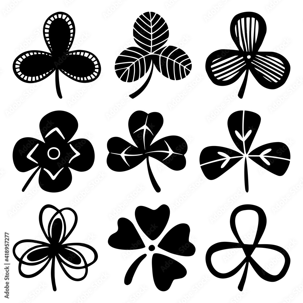 Set of clover or trefoil or shamrock leaves, St Patrick Day symbol. Silhouette vector illustrations isolated on the white background.