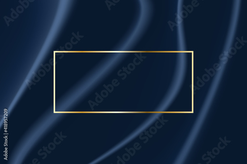 Luxury frame line rectangle golden border and overlapping decoration on crumpled fabric blue dark background. Vector illustration