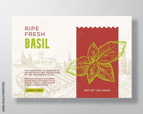 Fresh Basil Food Label Template. Abstract Vector Packaging Design Layout. Modern Typography Banner with Hand Drawn Herb Branch and Rural Landscape Background. Isolated