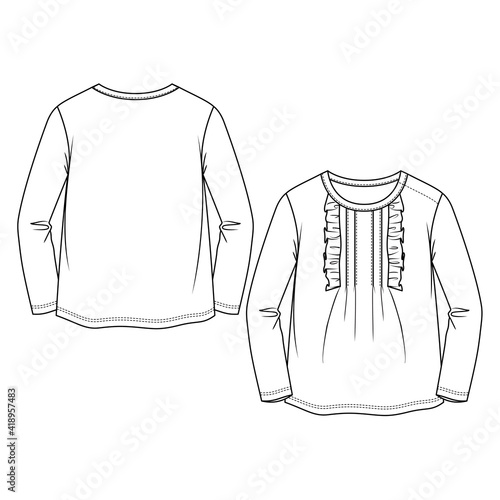 Baby Girls Long sleeves top fashion flat sketch template. Kids Girls Technical Fashion Illustration. Front Ruffle detail. Shoulder Opening