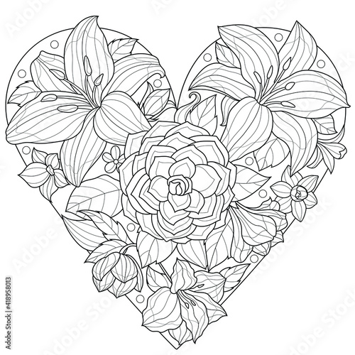 Heart shaped flowers.Coloring book antistress for children and adults. Illustration isolated on white background.Zen-tangle style. Hand draw