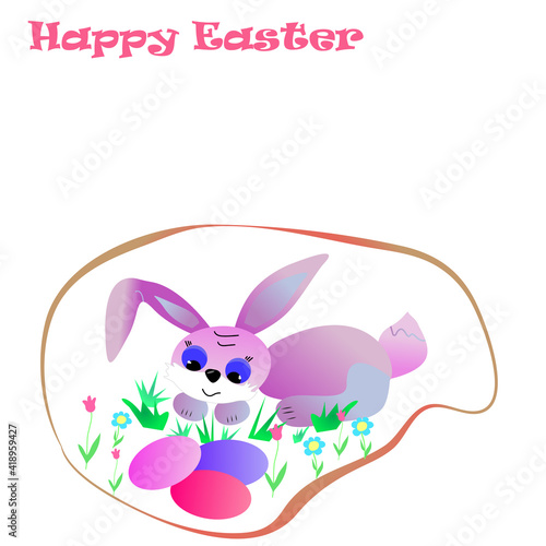 Happy Easter. Postcard, Easter bunny in a mink with painted eggs photo