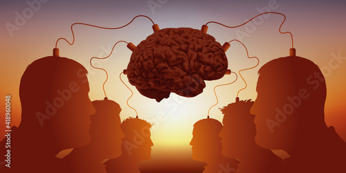 Concept de science fiction sur la liberté de penser, avec des hommes connectés à un cerveau comme des cobayes.