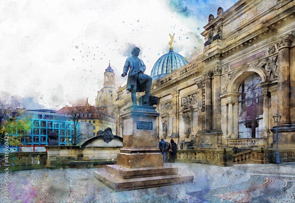 Fototapeta premium Watercolor painting of Dresden with its Bruehl terrace (Germany)
