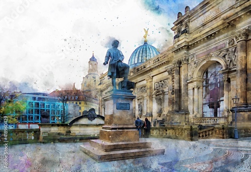 Watercolor painting of Dresden with its Bruehl terrace (Germany) photo