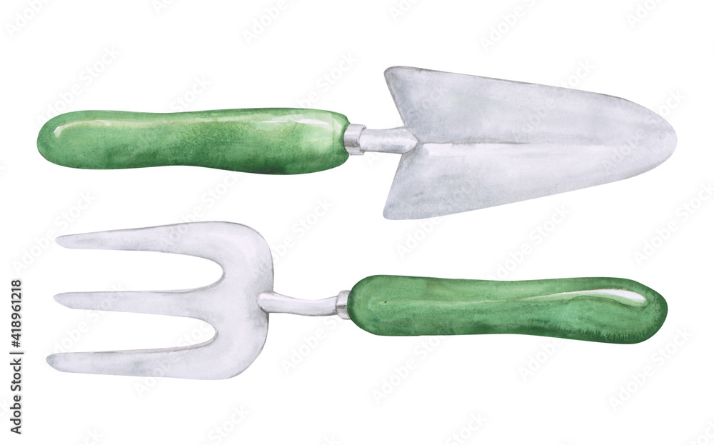 Fototapeta premium Set of 2 watercolor garden tools isolated on a white background. A hand-drawn metallic fork and spad with a green handles. Garden clipart for your design. Beach object.