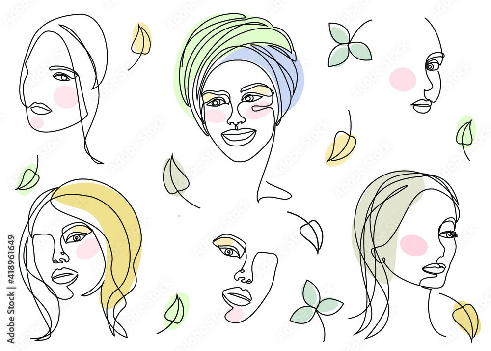 Silhouettes of the girl's head. Lady in a turban, scarf. Woman face in modern one line style. Solid line, aesthetic outline for decor, posters, stickers, logo. Vector illustration set.