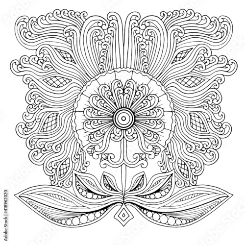 Abstract black and white art design exotic natural blooming fantasy flower seamless vector graphic isolated pattern with decorative floral lace paisley doodle style elements. Vector.