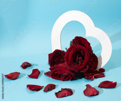 Background of a bouquet of roses and hearts. Wedding background or mother's day. Creative concept for love.