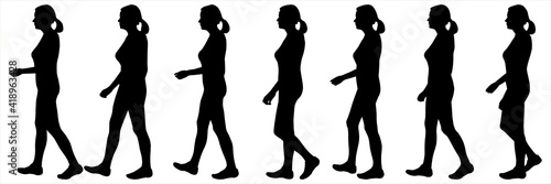 Woman on the move. Girl with a tail on the head. Person walks leisurely pace. Human body. Side view. Walking. Hiking. Step-by-step silhouettes for animation. Black female silhouette isolated on white.