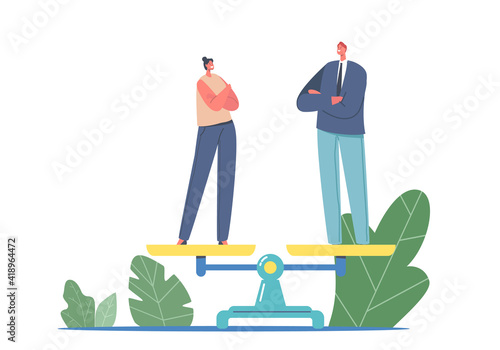 Gender Sex Equality and Balance Concept. Businessman and Businesswoman Characters on Scales, Tolerance