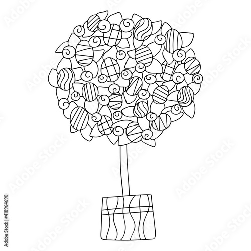 Happy Easter home decor topiary stock vector illustration black and white. Topiary with eggs, flower and eggs coloring page for kids and adults. Floral detailed colouring book page for spring season