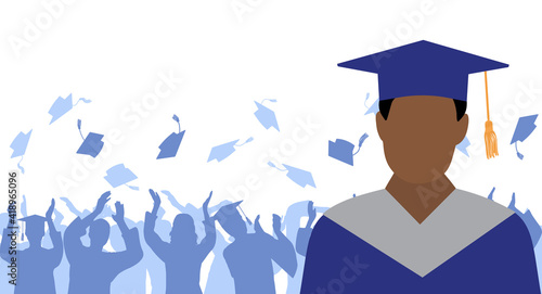 Black man graduate in mantle and academic square cap on background of cheerful crowd of graduates throwing their academic square caps. Graduation ceremony. Vector illustration
