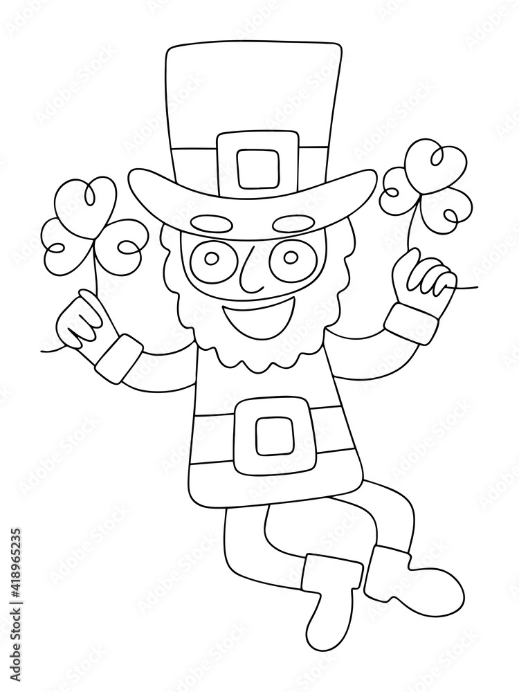 Happy St Patrick Day coloring page for children and adults stock vector illustration. Happy Saint Patrick with two clovers black outline white isolated. Funny spring Irish festival vertical worksheet