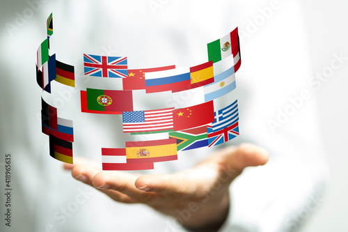 Connection lines Around map with all country flags, Futuristic Technology photo