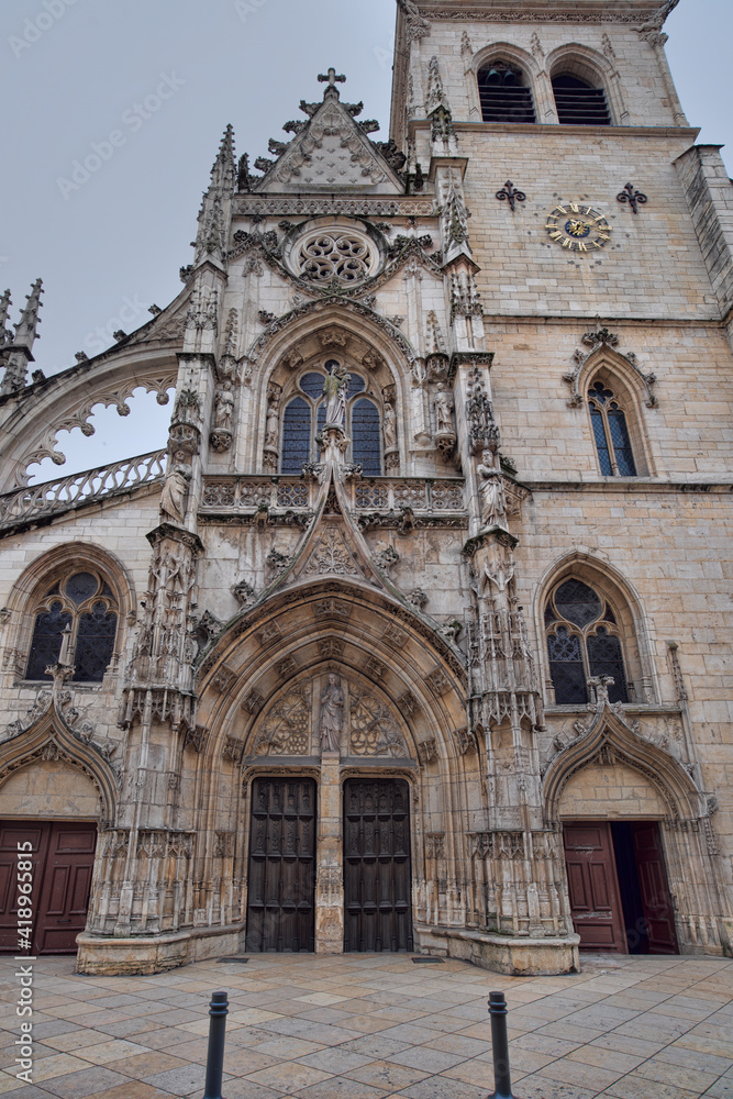 The facade of the church of Notre-Dame des Marais in Villefranche-sur-Saone, Beaujolais, Rhone department, France