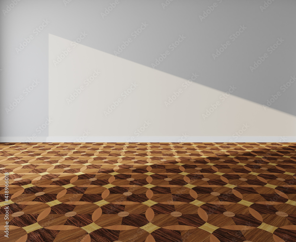 3d rendering. Empty interior. Artistic parquet. Art background for design. Wood floor. Perspective. Gray wall.