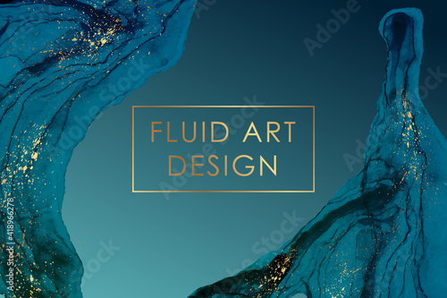 Modern abstract luxury background design or card template for birthday greeting or wallpaper or poster with blue watercolor waves or fluid art in alcohol ink style with golden splashes.