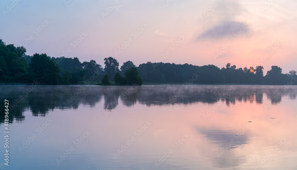 Mist and Sunrise at Loire River, La Chapelle-aux-Naux, Indre-et-Loire Department, The Loire Valley, France, Europe