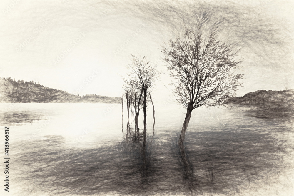 beautiful lake view in morning fog with mystic mountains and trees as leftovers of a mole in purple - blue tones. beautiful lake view in morning fog with mystic mountains and trees as leftovers of a mole in purple - blue tones.