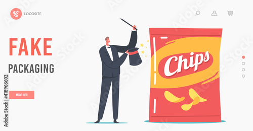 Performer Show with Fake Product Packaging Landing Page Template. Tiny Magician with Wand Presenting Marketing Tricks