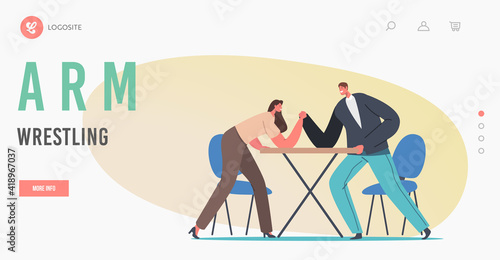 Man and Woman Struggle Landing Page Template. Male and Female Characters Arm Wrestling Fight for Leadership, Equality